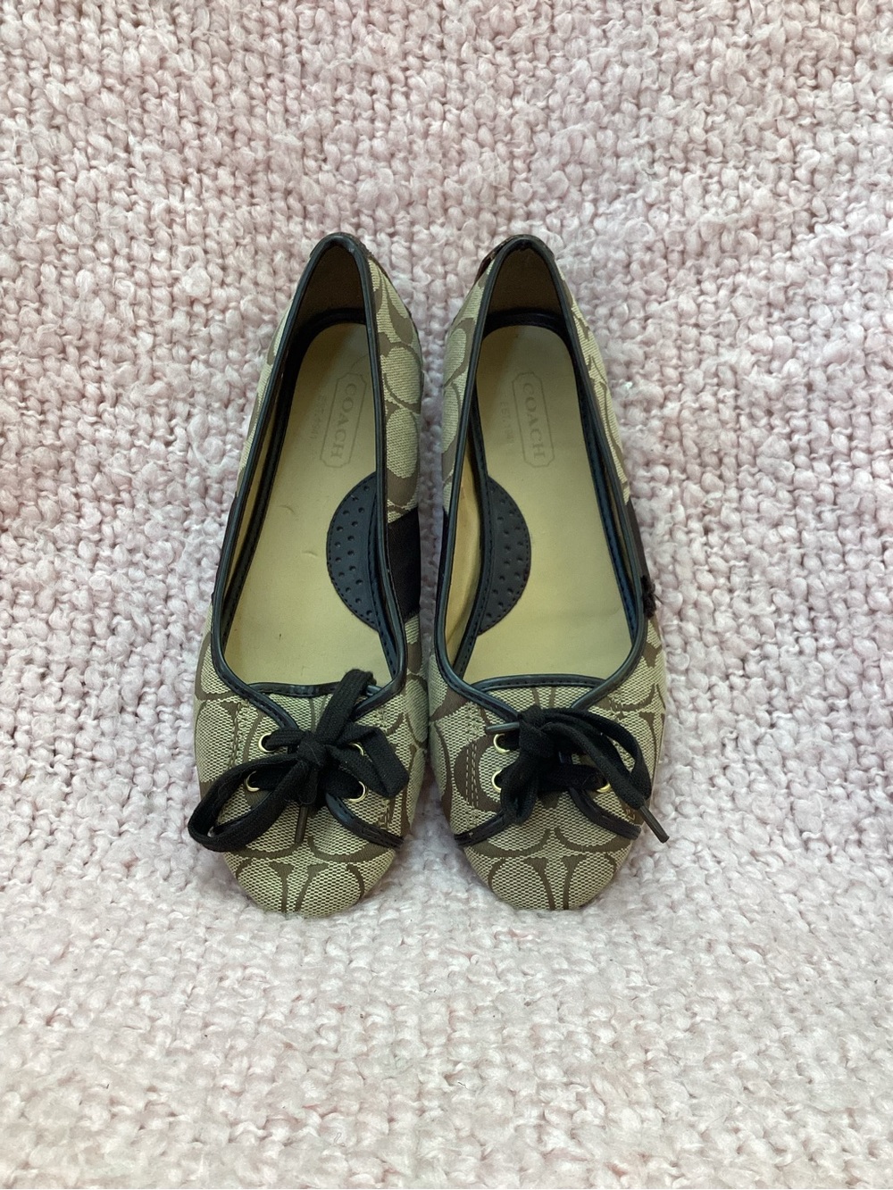 Coach Tan Signature Canvas Ballet Flats with Black Trim - Picture 2 of 11